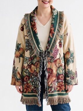 Vintage 90s Upcycled Tapestry Blanket Jacket Repurposed Fall Orchard Fringe Boho